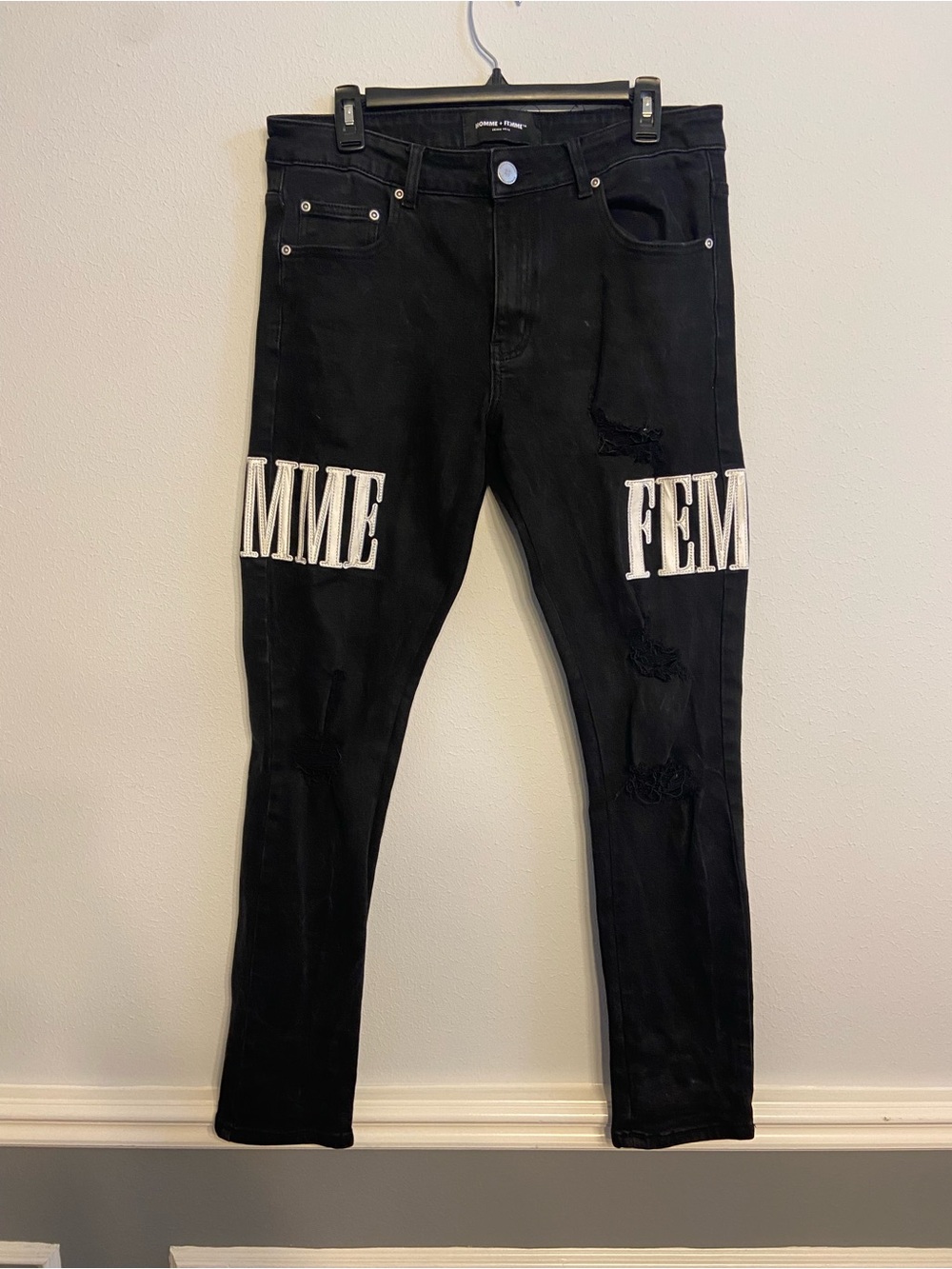 Black Skinny Men’s Jeans with 'FEMME' Embroidery